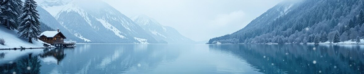 Fototapeta premium Snowflakes gently fall on Lake St Moritz's calm waters, white snow, serene landscape, calm atmosphere