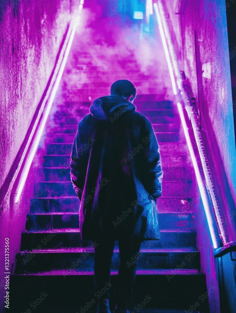 Poster a person standing at the top or bottom of a staircase, often used in interior design and architectur