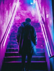 A person standing at the top or bottom of a staircase, often used in interior design and architecture settings