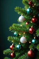 Obraz premium Spruce branch adorned with white and multicolored glass balls, spruce branch, decorative branches
