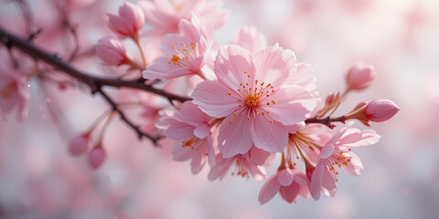 Pink Cherry Blossom in Spring Isolated On White Background.