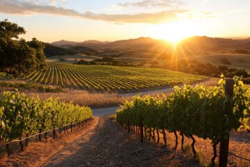 Fototapeta premium Sunset over vineyards in rolling hills creates a picturesque landscape in a serene location