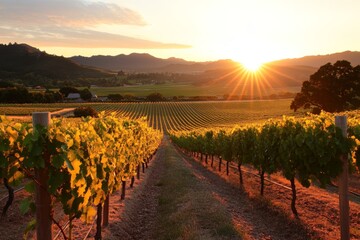 Fototapeta premium Sunset over vineyards in a tranquil landscape, highlighting the beauty of harvest time in the countryside