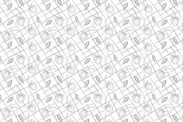Strawberry Doodle seamless Pattern with Leaves and Grid Background
