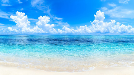 Fototapeta premium Serene beach scene with clear turquoise water lapping gently on a white sandy shore under a vibrant blue sky dotted with
