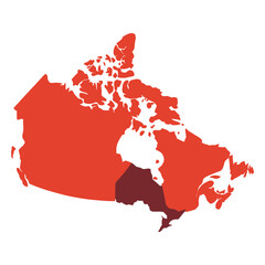 Canada Map: A visually striking map of Canada, rendered in bold shades of red, highlighting its expansive geography and unique provincial boundaries.