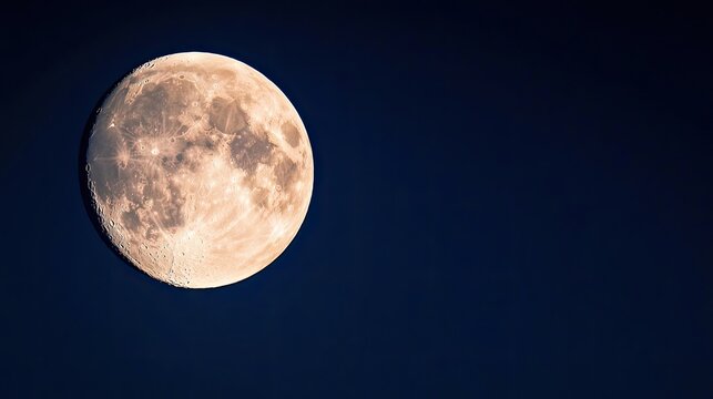 Dramatic nighttime abstract background idea. Stunning full moon illuminated against a dark blue sky, showcasing lunar details.