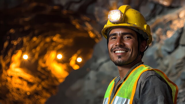 Smiling coal miner wearing headlamp and safety vest underground - Powered by Adobe