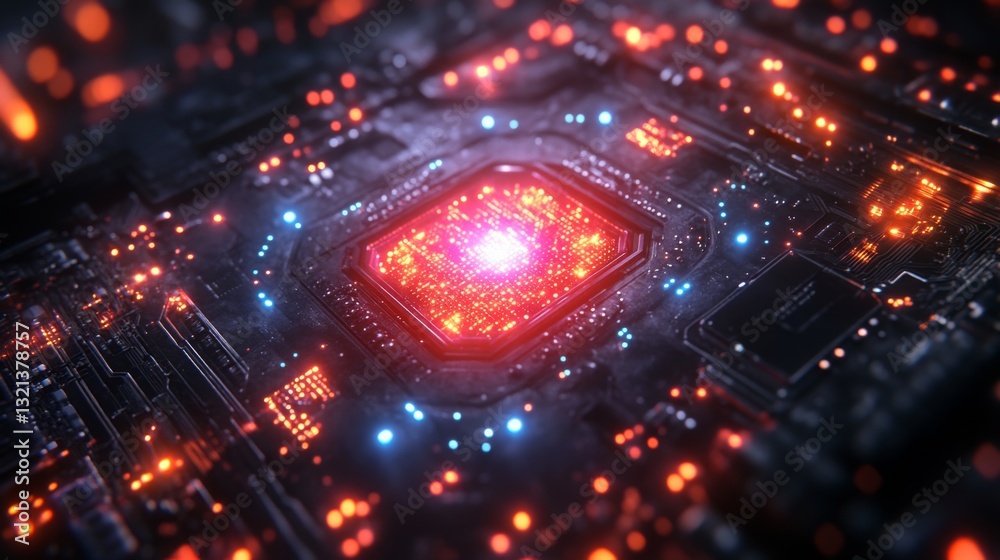 Fototapete A high-tech depiction showcasing the core of quantum computing with a focus on qubits, superposition, and entanglement within an intricate circuit board.