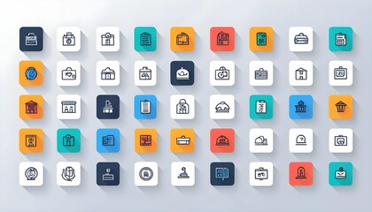 A collection of colorful, flat, line-style icons depicting various business, travel, and everyday activities.