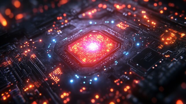 A high-tech depiction showcasing the core of quantum computing with a focus on qubits, superposition, and entanglement within an intricate circuit board.