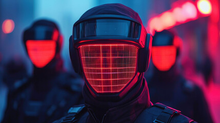 Fototapeta premium Cyber and Physical Security Integration, Futuristic soldiers with glowing red helmets in cityscape