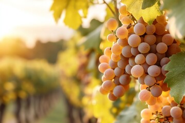 Golden bunches of grapes hang from vines in a sunlit vineyard during harvest season