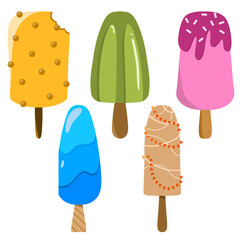 Illustration of five colorful popsicles arranged vertically.
