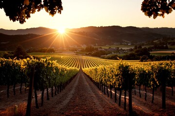 Naklejka premium Golden sunlight bathes the vineyard as rows of grapevines stretch towards the horizon at dusk in a scenic valley