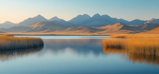 Fototapeta premium Idyllic mountain lake at dusk with golden reeds and blue water