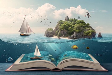 A Magical Island Emerging From The Pages Of An Open Book, A Sailboat Glides On The Surface While Colorful Fish Swim Below, Under A Bright Sky With Birds In Flight
