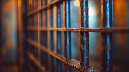 Close up of dark metal prison bars, blurred background suggesting a dimly lit interior. Focus on texture and aged metal.