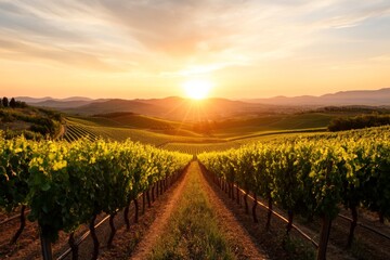 Fototapeta premium Bright sunset over lush vineyards in Tuscany creates a picturesque landscape filled with beauty and tranquility