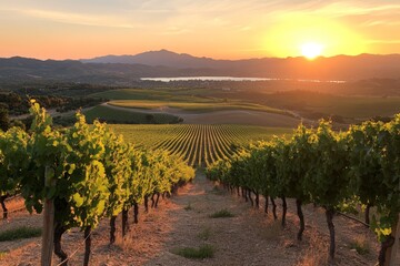 Fototapeta premium Sunset view over vineyard landscape with rows of grapevines and distant mountains