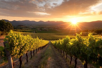 Fototapeta premium Sunset over lush vineyards in serene countryside capturing the essence of harvest season