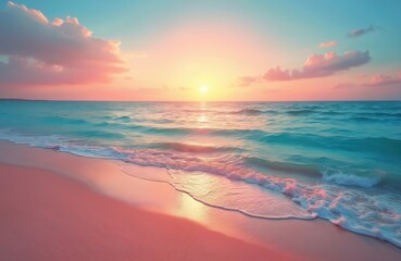 Colorful sunset at pink sea beach with soft waves. Sunlight reflects on water surface. Scenic landscape, holiday seaside vacation at tropical paradise island. Relax, enjoy blue calm ocean shore.