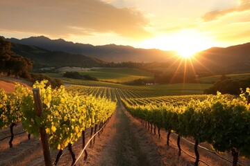 Naklejka premium Sunset views over a lush vineyard in California showcasing vineyard rows and mountain backdrop