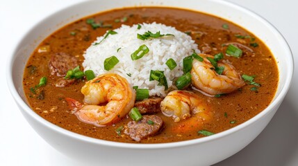 Food diversity international cultural. A flavorful bowl of shrimp and beef gumbo with rice, garnished with green onions, showcasing a rich, savory sauce.