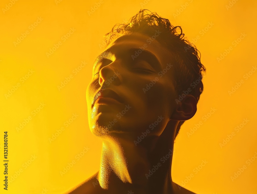 Poster a person with their eyes closed in a bright yellow light, suitable for use in illustrations about in