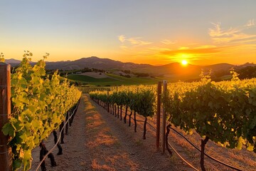 Fototapeta premium Sunset over lush vineyard rows in a serene countryside landscape
