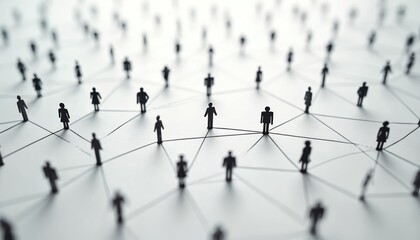 Small black figures arranged in connected pattern on surface represent interconnectedness, relations, social network among people. Abstract minimalist design shows community, teamwork, collaboration,