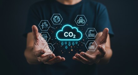 Hands holding CO2 cloud, eco-tech icons.