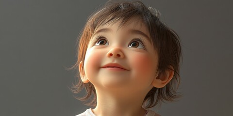 Child gazing upward with a joyful expression in a soft-lit setting, highlighting innocence and curiosity