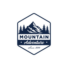 vintage Mountain summit with Lake Forest, Pine Evergreen Larch Tree for Landscape Outdoor Silhouette stamp Label Logo Design