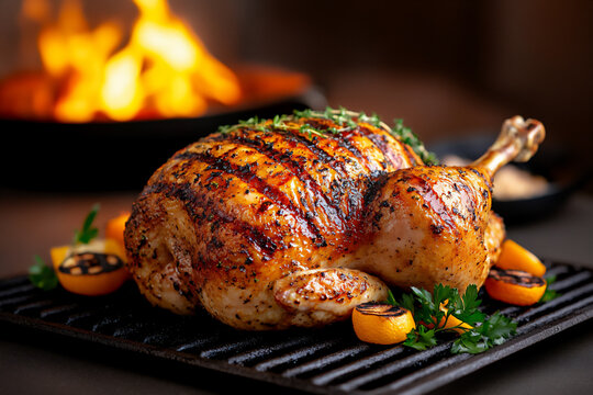 a large golden-brown whole chicken being placed on the top of an iron gril - Powered by Adobe