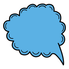 Hand drawn cartoon empty blue speech bubble on white background.