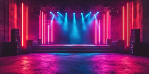 Vibrant stage illuminated with colorful lights in an urban venue ready for a performance at night
