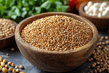 Obraz premium Pile of small, light brown seeds in a wooden bowl