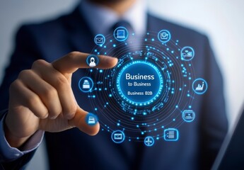 Person Interacting with Glowing Blue Business Interface