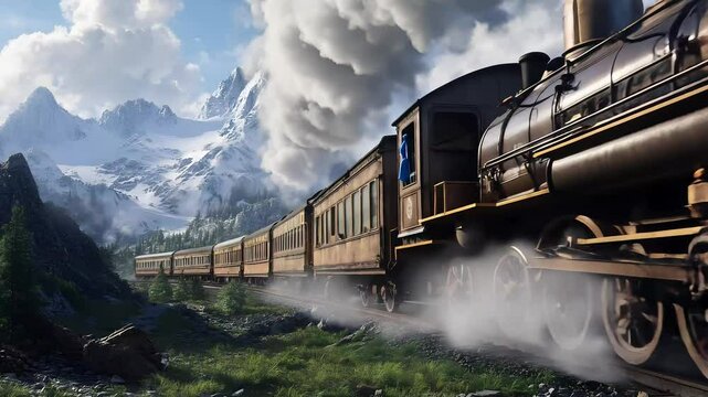 Historic steam locomotive travels through scenic mountains on a bright day