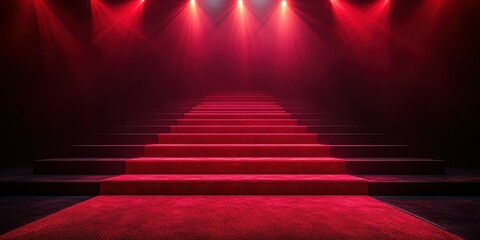 Elegant red carpet stairs illuminated by dramatic lighting create a striking visual focus in a luxurious venue