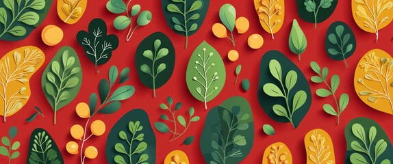 mustard greens pattern on red plain background digital abstract art work illustration design