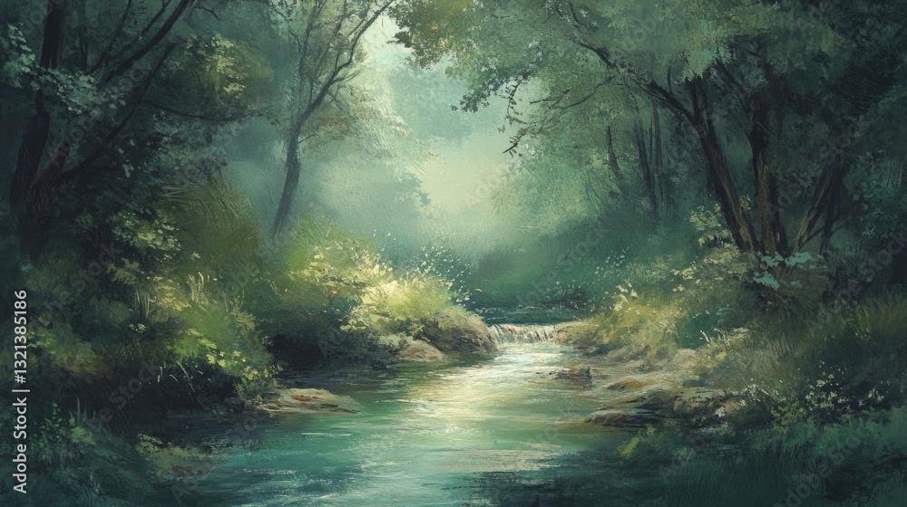 Poster a serene stream runs through the forest, surrounded by lush greenery