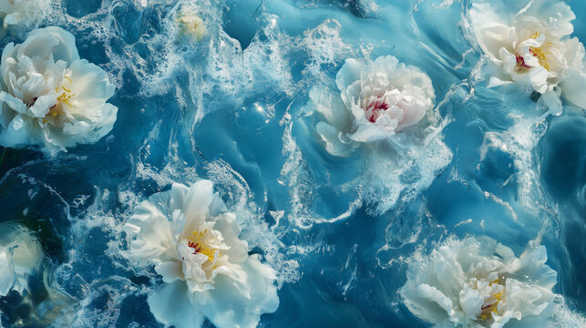 Delicate flover floating in clear blue water. Soft petals contrast with the serene aquatic background, creating a refreshing and tranquil floral composition.
