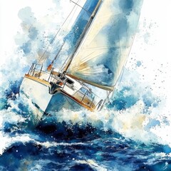 Obraz premium A sailboat cuts through turbulent blue water, its white sails full, creating a dynamic watercolor style image. Ocean spray and waves add to the energetic scene.