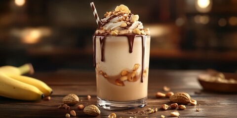 Delicious peanut butter banana milkshake served in a tall glass with whipped cream and sprinkled nuts