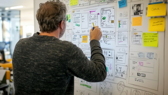 Man sketching website design on whiteboard.