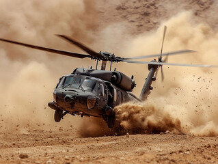 Military helicopter maneuvers in desert terrain
