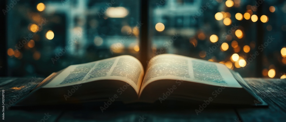Aufkleber a open book sits on top of a wooden table, ready for reading