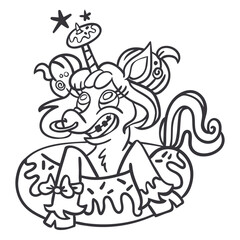 Dazzling Unicorn Cartoon: A whimsical unicorn cartoon floats cheerfully in a donut-shaped inflatable, the line art style giving a unique touch.